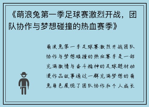 《萌浪兔第一季足球赛激烈开战，团队协作与梦想碰撞的热血赛季》