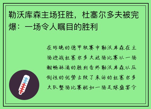 勒沃库森主场狂胜，杜塞尔多夫被完爆：一场令人瞩目的胜利